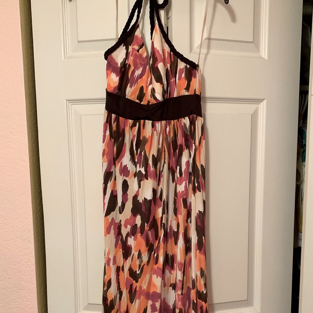 Red, orange, brown halter top maxi dress
